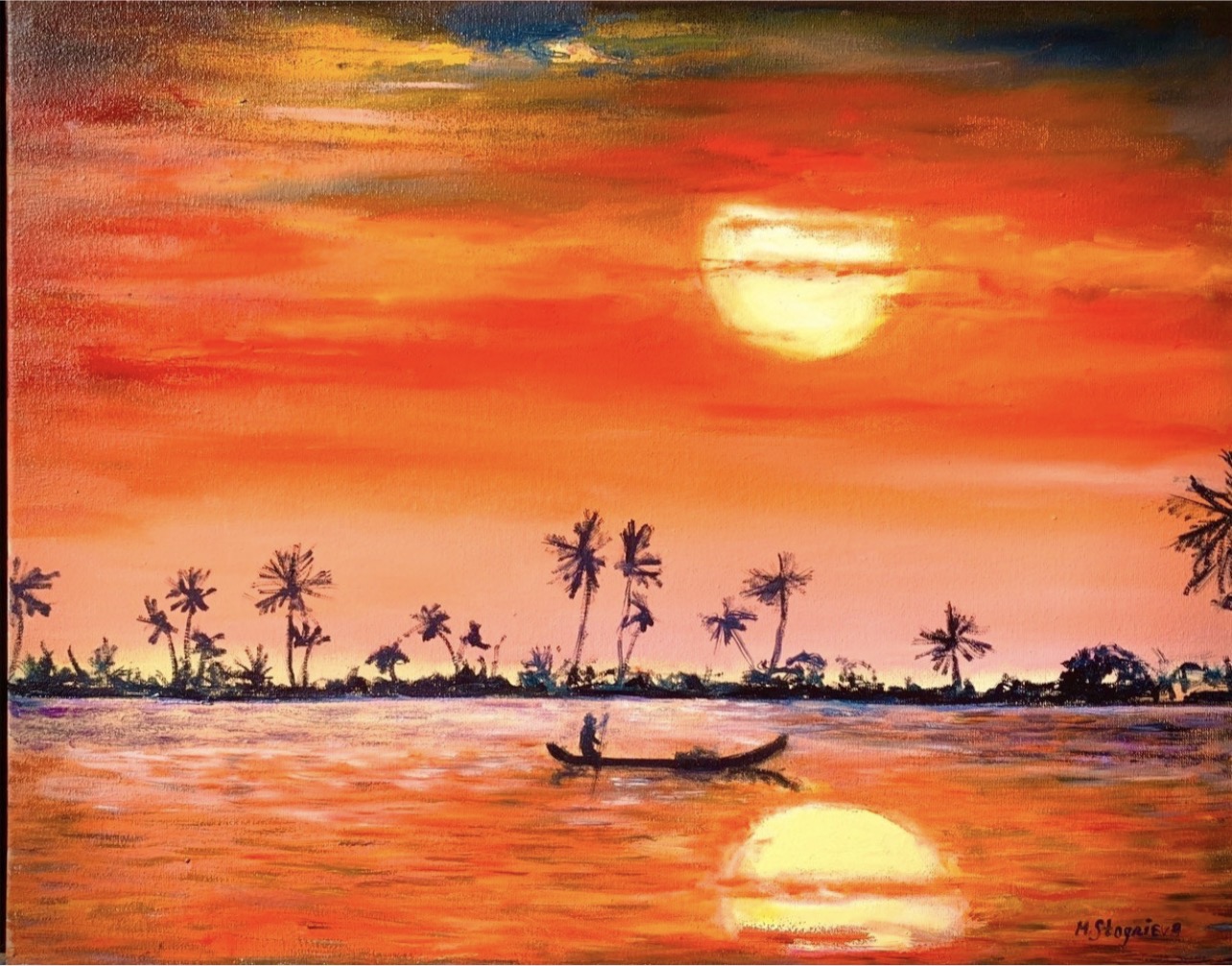 Sunset in India original oil painting by Marina Stognieva, Indian landscape with boat, palm trees and sunset